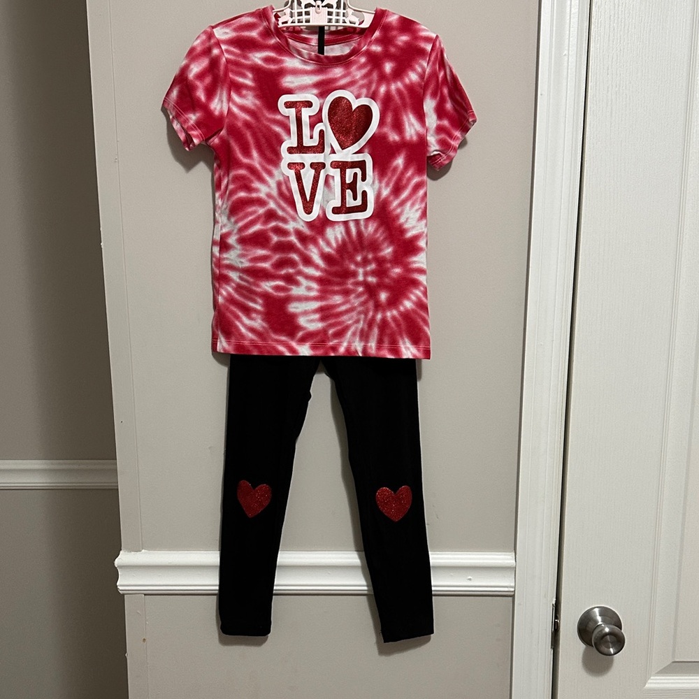 Red & White Tie-Dye Love T-Shirt and Black Leggings Set w/ sparkly red hearts